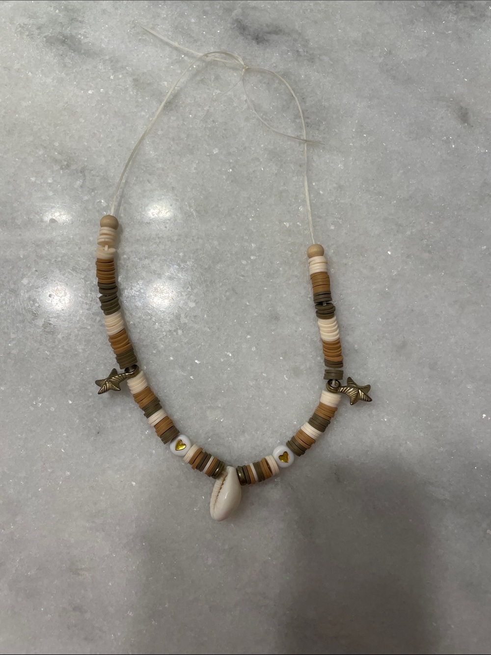 Homemade Beach Shell Bead Necklace in Cream and Tan
